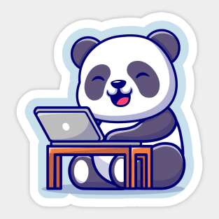 Cute Panda Working On Laptop Cartoon Sticker